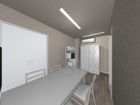 あいり薬局（東京都足立区）の休憩室のパース（提案時）。ロッカー、電子レンジを置いた棚、テーブルと椅子（施工：株式会社ビリーフデザイン）