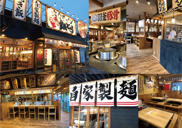 大分ラーメン 銀とら：提灯と大きな看板を並べた外観、「自家製麺」ののれん、羽釜のある厨房が見える木の店内