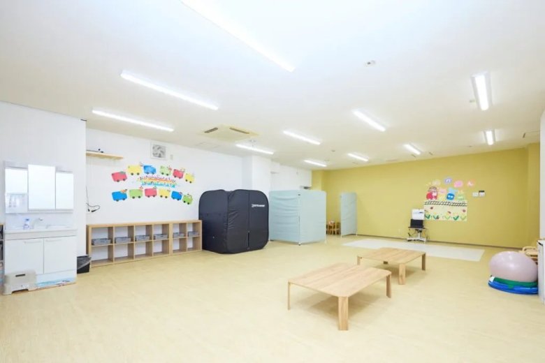 とれいん（兵庫県伊丹市・児童発達支援 放課後等デイサービス）の活動室。可動間仕切りとバランスボール。施工：ユウリフォーム