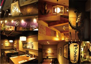 提灯と木の内装の海鮮居酒屋の店内と入口（しびまぐろ・サライデザインルーム）