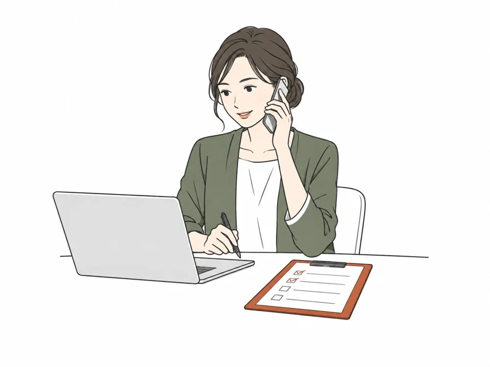 店舗内装ドットコムの事務局が紹介候補の会社に対応を確認する場面