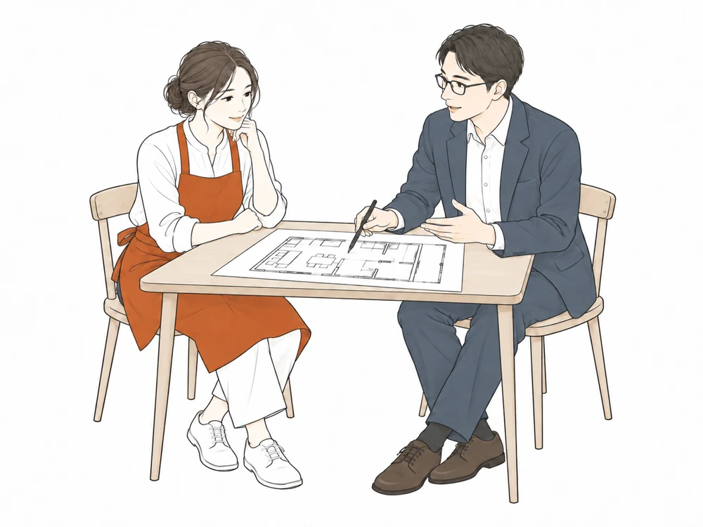 同じお客様と紹介先の担当者がお店づくりを打ち合わせる場面