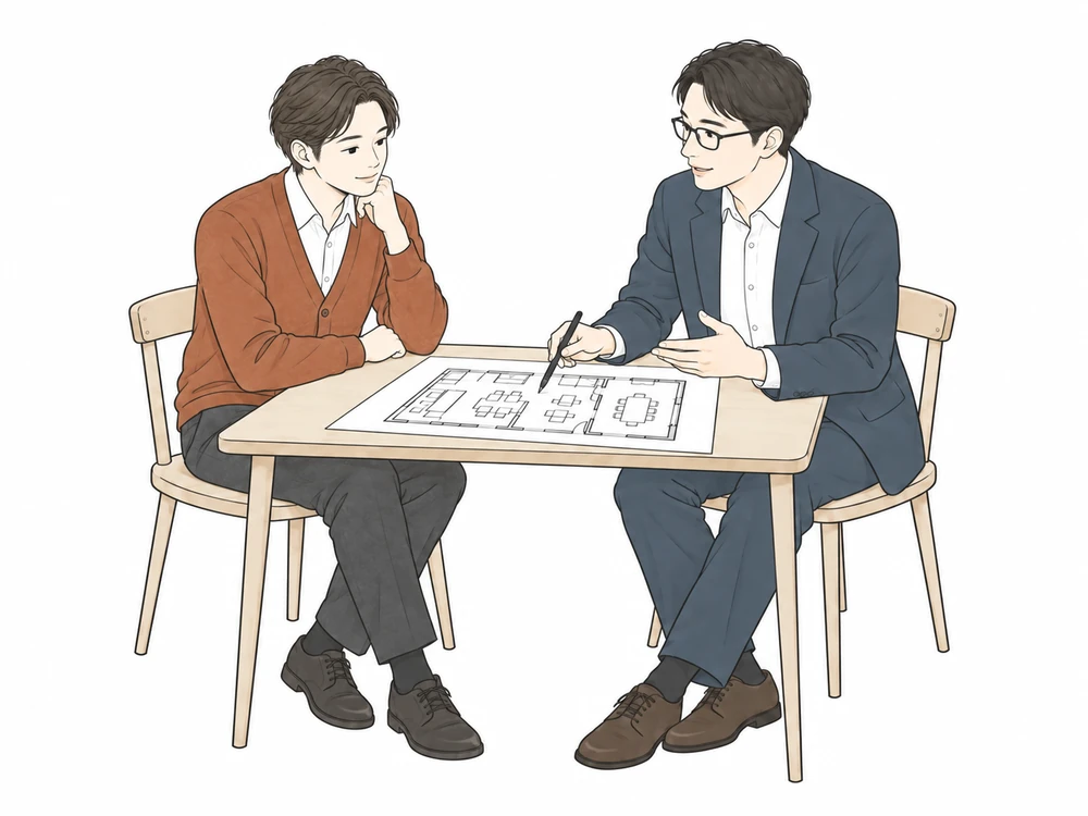 同じお客様と紹介先の担当者が施設づくりを打ち合わせる場面